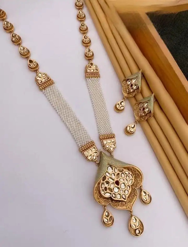 Antique Gold Pearl Long Necklace Set – Timeless Royal Elegance