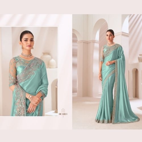 Aqua Green Designer Satin Saree with Embroidery & Satin Silk Blouse