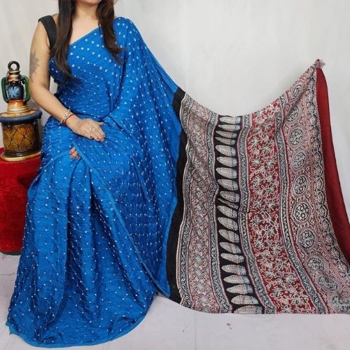 Royal Blue Pure Modal Silk Ajrakh Bandhani Saree