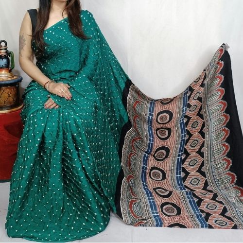 Emerald Green Pure Modal Silk Ajrakh Bandhani Saree