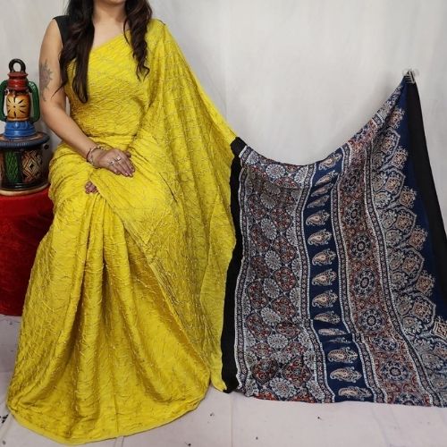 Sunshine Yellow Pure Modal Silk Ajrakh Bandhani Saree
