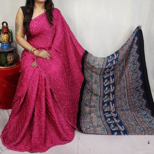 Magenta Pink Pure Modal Silk Ajrakh Bandhni Saree