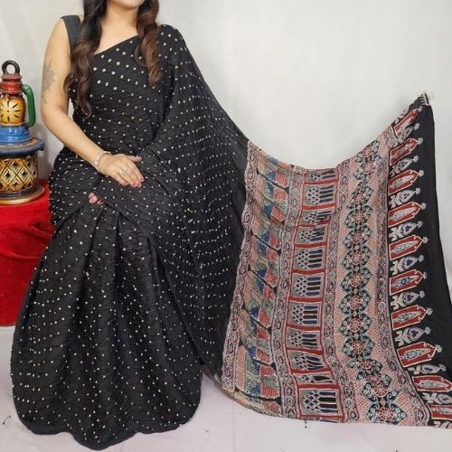 Black Pure Modal Silk Ajrakh Bandhani Saree