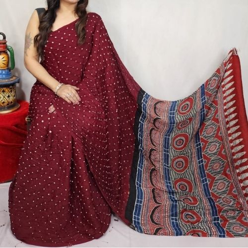 Maroon Pure Modal Silk Ajrakh Bandhani Saree
