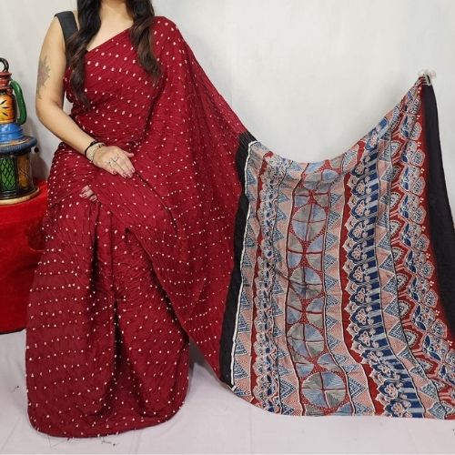 Rich Maroon Pure Modal Silk Ajrakh Bandhani Saree