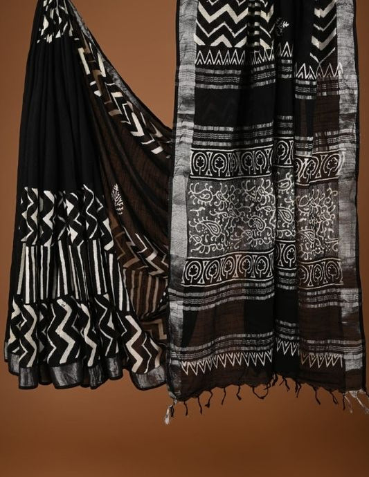 Black & White Hand Block Printed Linen Saree with Blouse