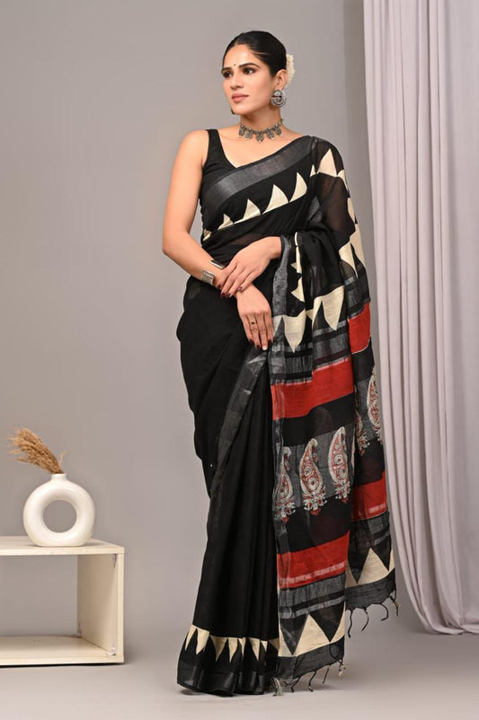 Black Hand Block Printed Linen Saree with Contrast Pallu