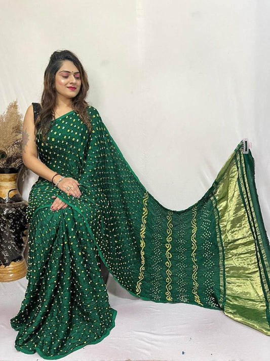 Green Bandhani Saree with Golden Border - Traditional Tie Dye Work