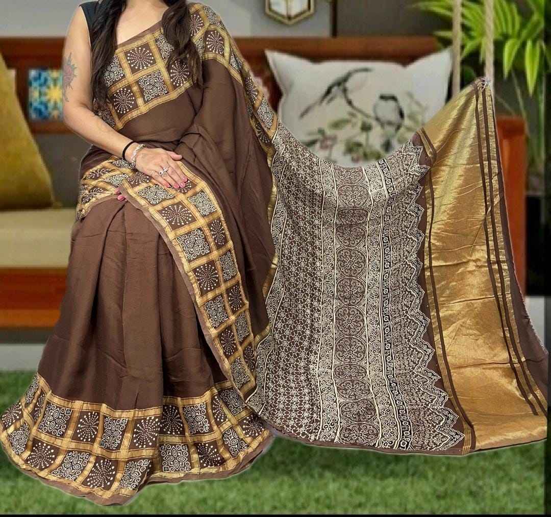 Brown Check Modal Silk Ajrakh Handblock Printed Saree