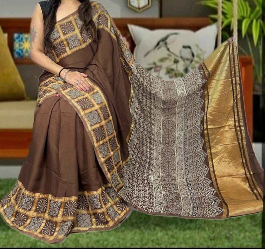 Brown Check Modal Silk Ajrakh Handblock Printed Saree