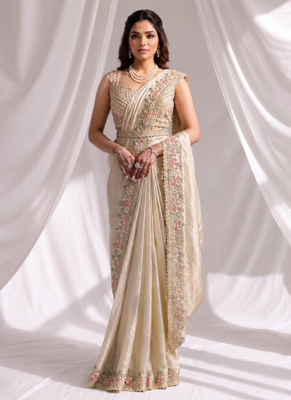 Champagne Ready to Wear Embroidered Designer Saree with Stitched Blouse
