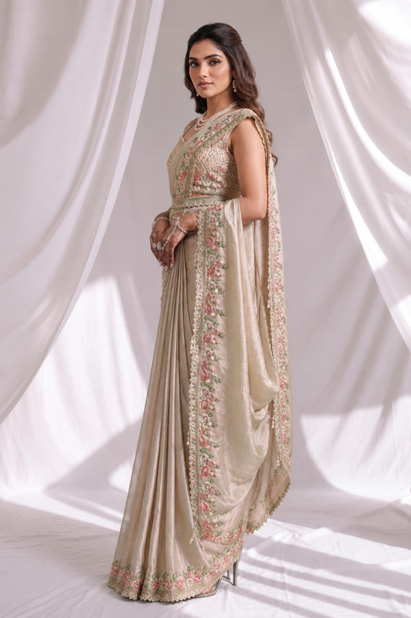 Champagne Ready to Wear Embroidered Designer Saree with Stitched Blouse