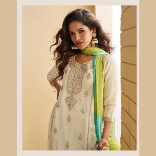 Elegant Beige & Green Chinon Silk Designer Gharara Suit