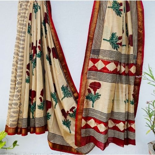 Elegant Beige & Red Maheshwari Silk Saree – Handloom Pure Cotton Silk