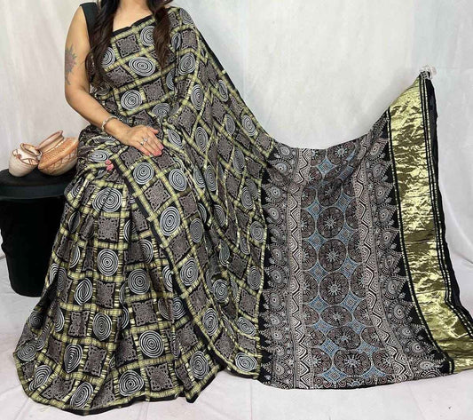 Black Circular Motif Modal Silk Gharchola Saree with Ajrakh Print