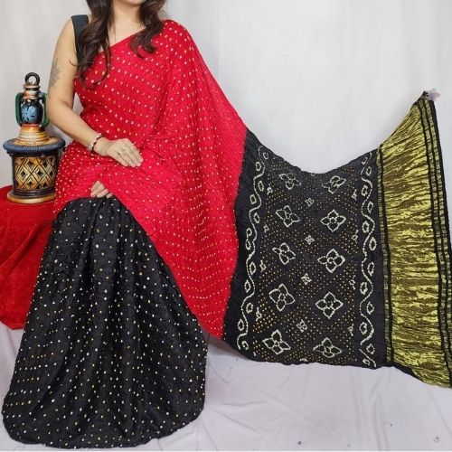 Black/Red Modal Silk Bandhni Saree with Blouse