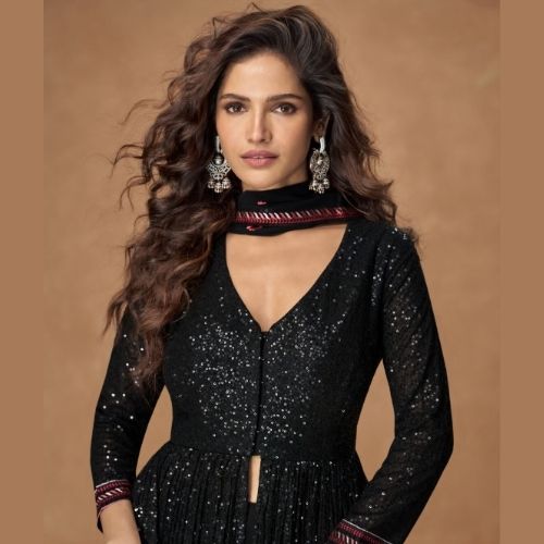 Black Embroidered Georgette Anarkali Gown with Dupatta
