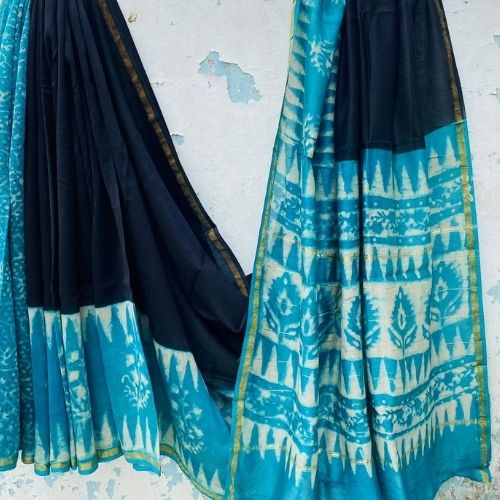 Black & Aqua Blue Chanderi Silk Saree with Ikat-Inspired Print