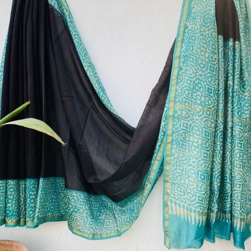 Black & Aqua Green Chanderi Silk Saree with Geometric Print