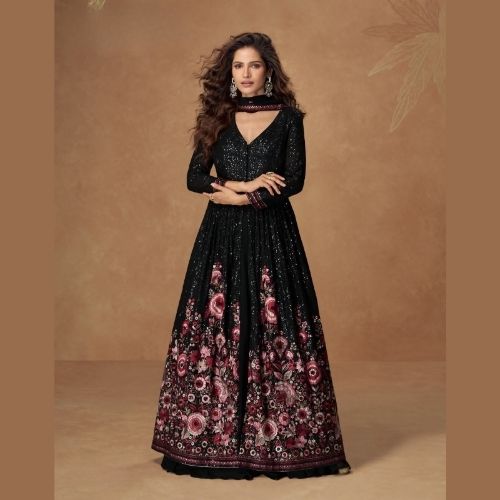 Black Anarkali Gown with Dupatta – Elegant Party Wear