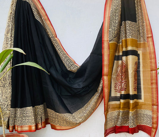 Elegant Black & Golden Maheshwari Silk Saree – Handloom Ethnic Wear