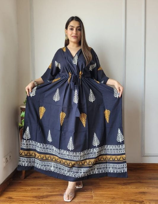Black Hand Block Printed Cotton Kaftan – Free Size 36 to 52