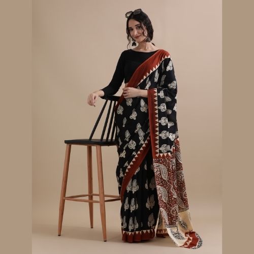 Black Mulmul Cotton Saree with Maroon Border – Pure Handloom Cotton Saree