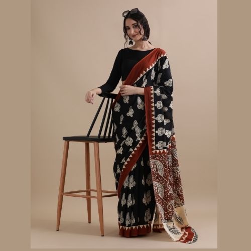 Black Cotton Mulmul Saree – Soft Handloom Saree with Maroon Border and Traditional Prints