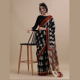 Black Cotton Mulmul Saree – Soft Handloom Saree with Maroon Border and Traditional Prints