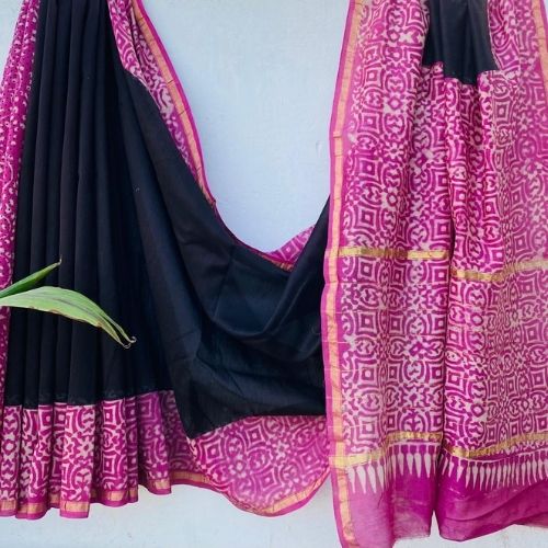Black & Pink Chanderi Silk Saree – Handloom Ethnic Elegance