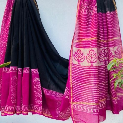 Black & Rani Pink Chanderi Silk Saree with Floral Printed Pallu