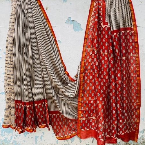 Black & Red Handloom Chanderi Silk Saree