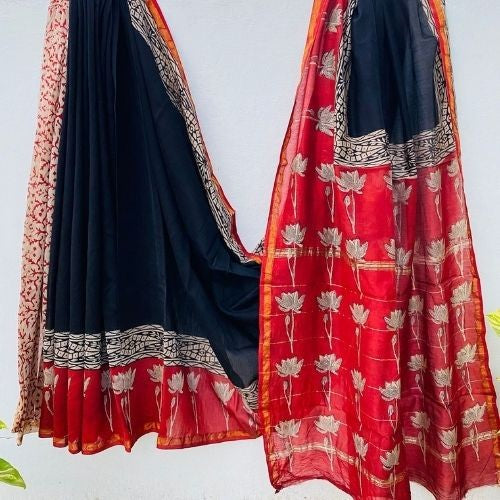 Black and Red Chanderi Silk Saree with Traditional Lotus Motifs