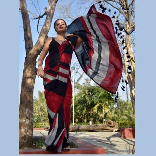 Elegant Black & Red Khadi Cotton Saree – Handwoven Modern Classic