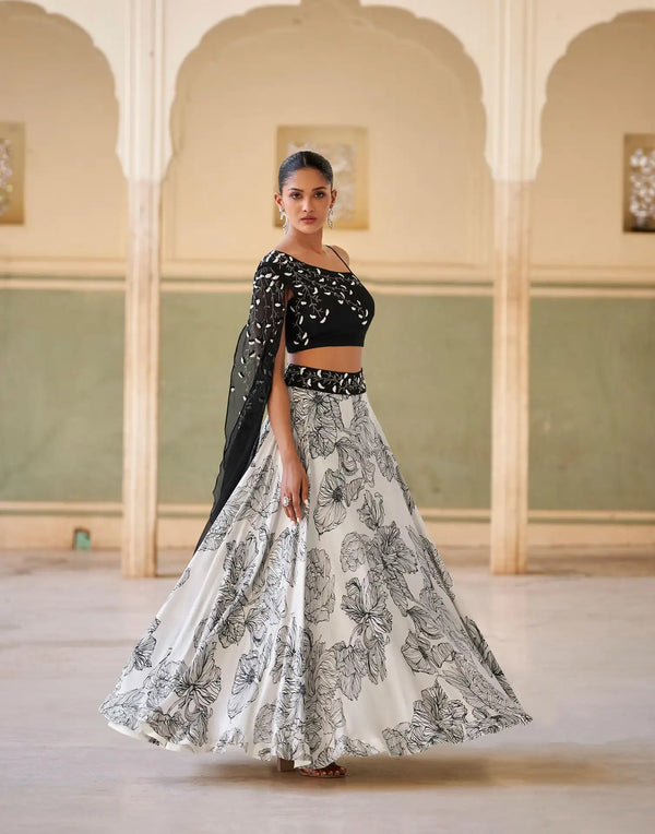 Black & White Designer Party Wear Lehenga – Premium Chinon & Crepe Silk