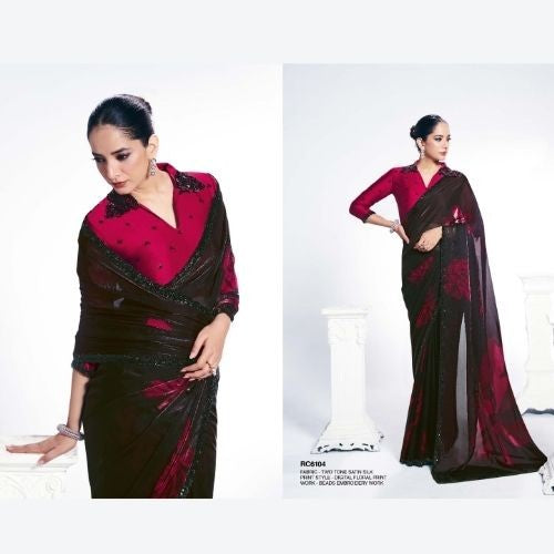 Black & Wine Two Tone Satin Silk Saree with Beads Embroidery