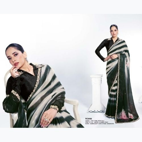 Black & Grey Satin Silk Party Wear Saree with Embroidery