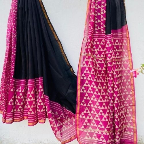 Black and Pink Chanderi Silk Saree with Handloom Geometric Prints