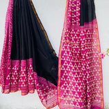 Black and Pink Chanderi Silk Saree with Handloom Geometric Prints