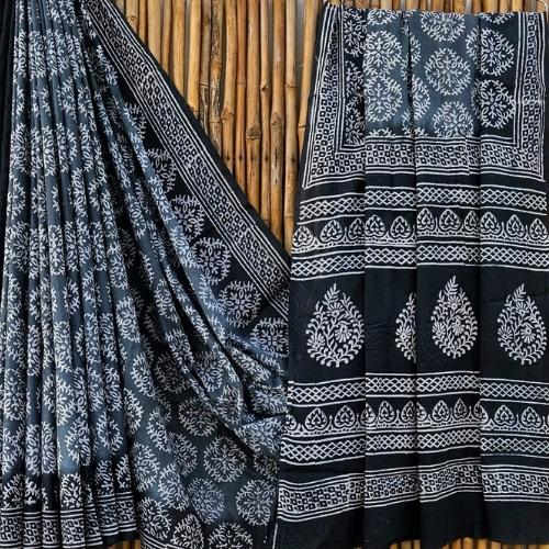 Black and Grey Floral Batik Print Mulmul Cotton Saree