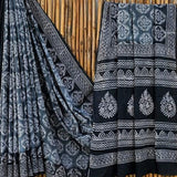 Black and Grey Floral Batik Print Mulmul Cotton Saree