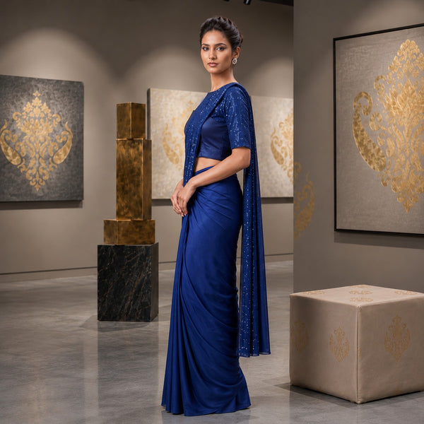 Royal Blue Lycra Ready-to-Wear Party Saree