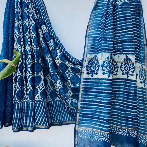 Elegant Blue Chanderi Silk Saree – Ajrakh Print & Handloom Weave