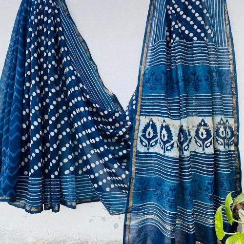 Blue Chanderi Silk Saree with Bandhej Dots & Floral Border