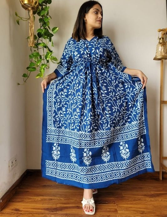 Blue Floral Hand Block Printed Cotton Kaftan – Free Size 36–52