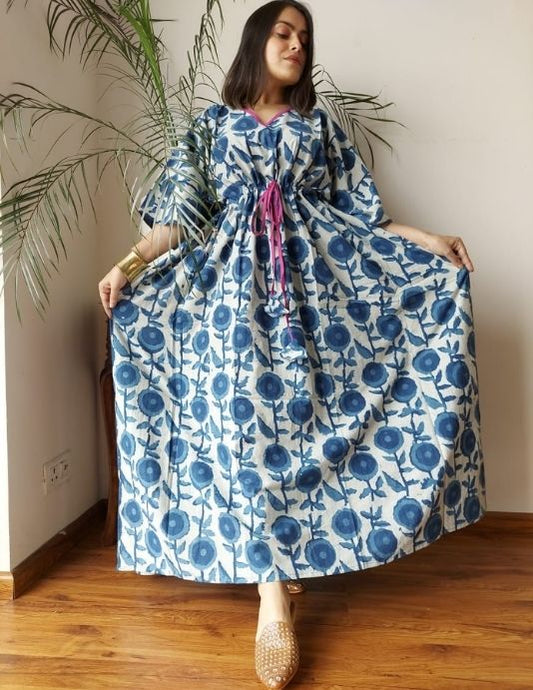 Blue Floral Hand Block Printed Cotton Kaftan – Free Size Fit