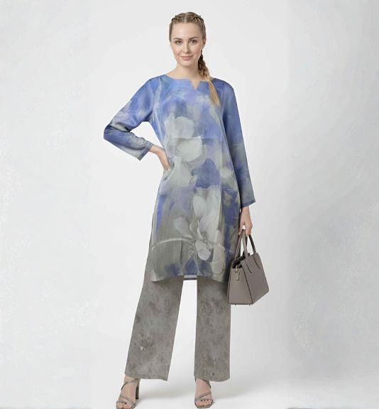 Elegant Blue Floral Office Wear Coord Set