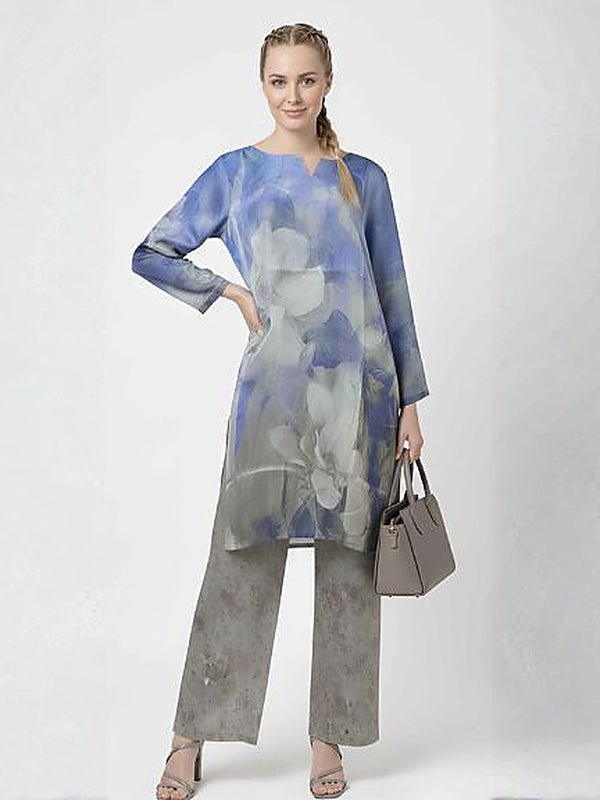 Blue Floral Satin Silk Formal Coord Set for Women