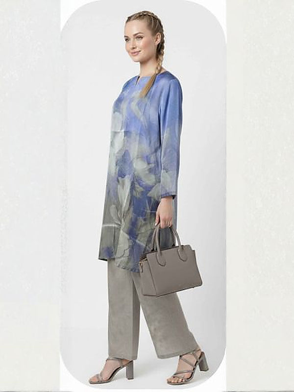 Blue Floral Satin Silk Formal Coord Set for Women