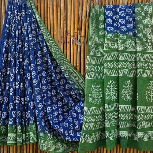 Elegant Blue & Green Mulmul Cotton Saree – Pure Soft Handloom